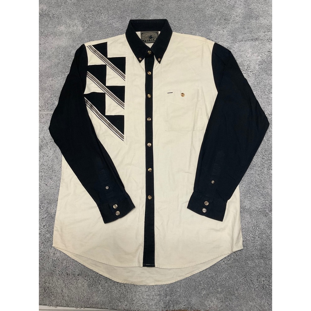 VTG 90s Spindle River Classics Mens Lg Cream Black Western Geometric Button Down